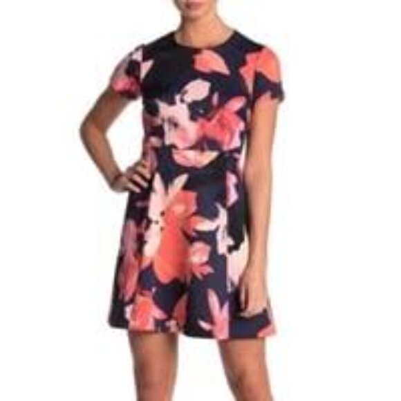 Vince Camuto Navy Floral Skater Scuba Dress Flare & A Line Fit Plus Size 18W - Picture 1 of 9